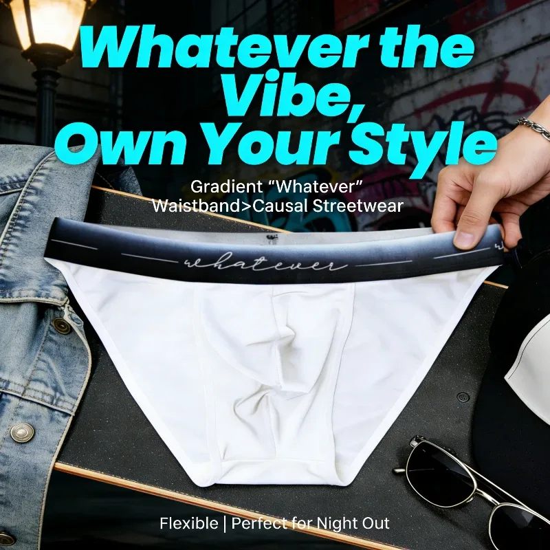 Men's Ice Silk Polyester Cheeky Briefs Ombre "Whatever" Slogan Waist Sporty Contour Fit Low-Rise Underpants Men Underwear Sexy