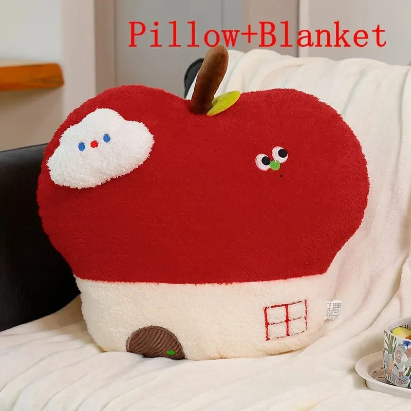 Cute Apple House Plush Pillow Optional With Blanket 2‑in‑1 Throw Cushion Kawaii Fruit Stuffed Pillow Sofa Bedroom Decor Gift