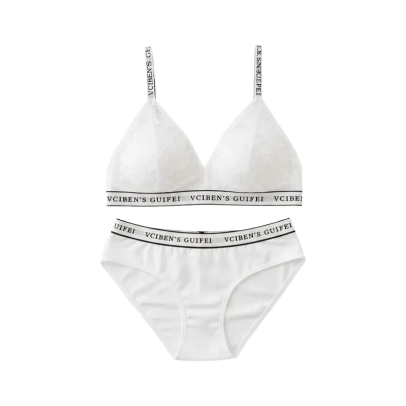 Kumportableng Letter Design Lingerie Set Deep V Wireless Women Underwear Suit Lace Color Blocking Bra Panties Set Girl