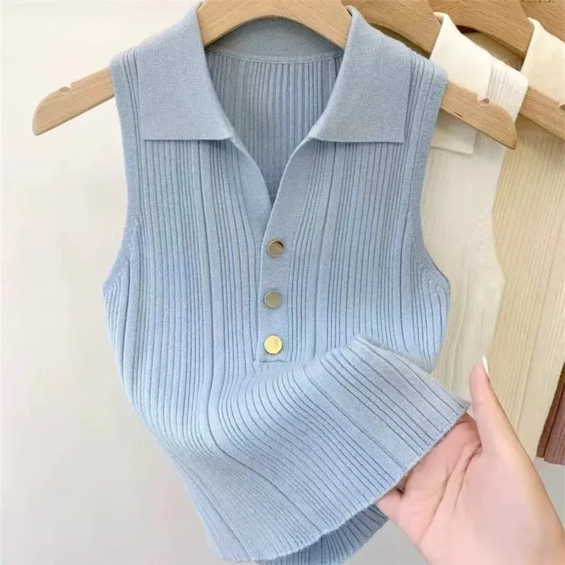 Zjaiss 2026 Spring Summer Slim Versatile Camisole Women's Polo Lapel Tank Tops Vest Ice Silk Knit Sleeveless Tops — image 9