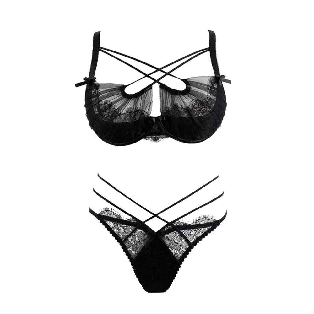 Hot Sale Summer Lace Embroidery Cross Tie Lingerie Set Sheer Mesh Push Up Bra Comfort Daily Wear Underwear Set for Women 32-38 — image 4