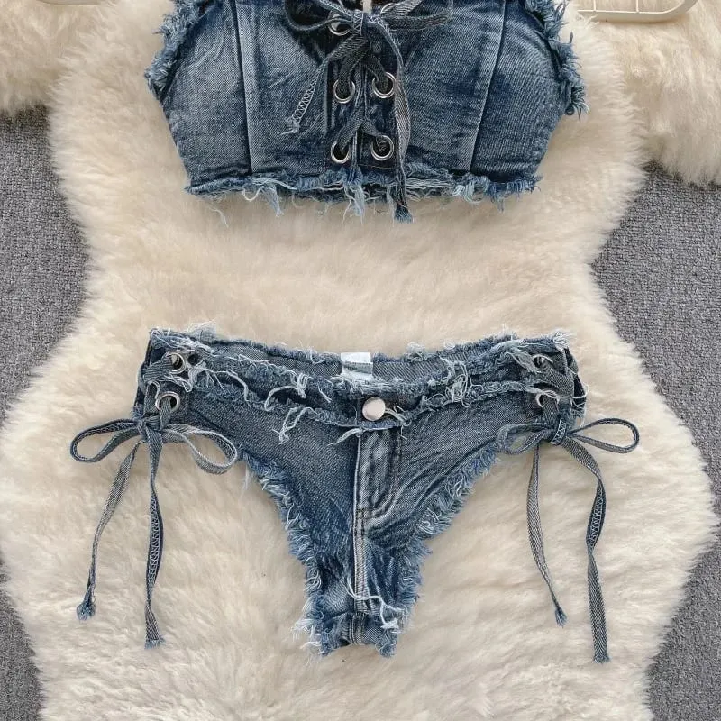 Retro Women Bikini Denim Suits Summer Halter Camis+ Mini Pant Lingerie Fashion Vacation Swimsuits Sexy Bra&Briefs Sets