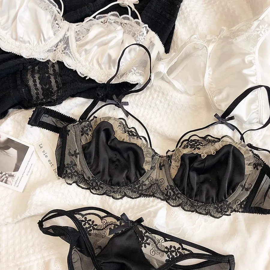 KUCLUTBlack Floral Embroidery Ultrathin Bra Set Women Sexy Push Up Hollow Out Underwear Translucent Silks Satins Lingerie Suits — image 3