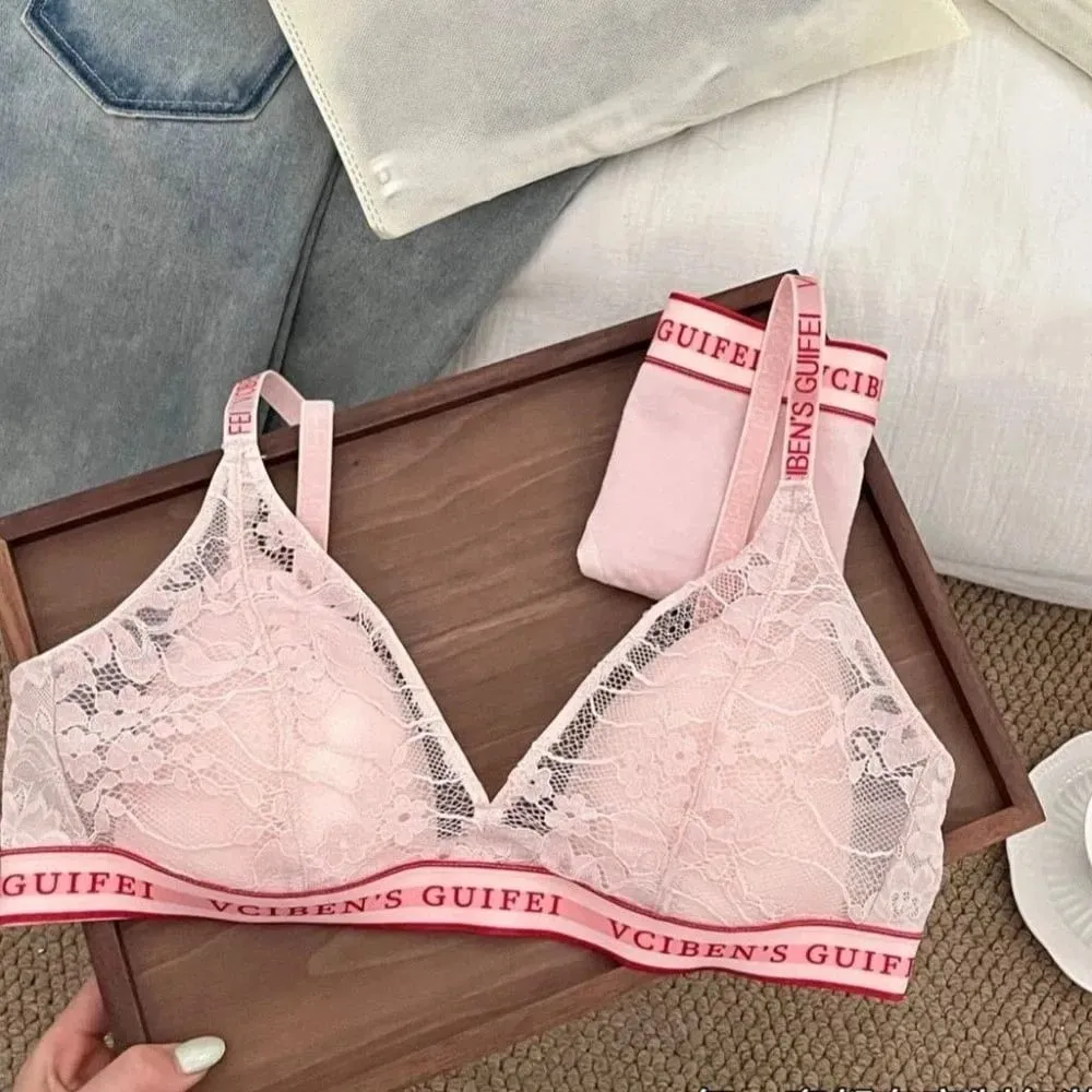 Kumportableng Letter Design Lingerie Set Deep V Wireless Women Underwear Suit Lace Color Blocking Bra Panties Set Girl