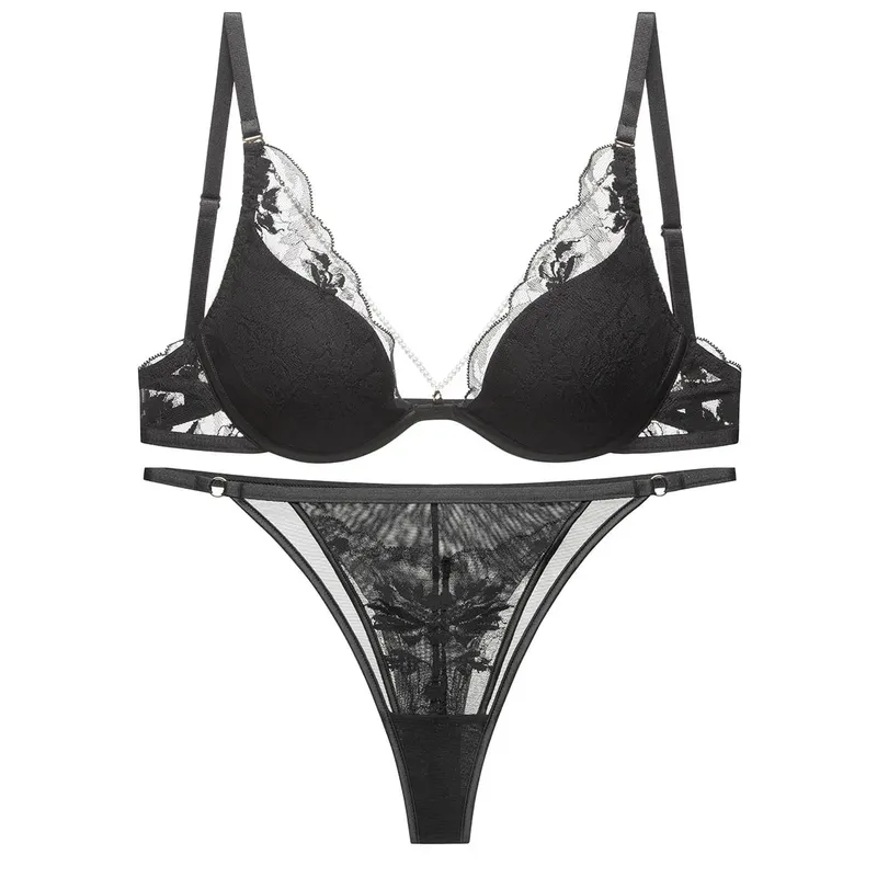 Women Sexy Lace Bra Set Push Up Pearl Lingerie Thong Set Elegant Ladies Underwear Micro Bikini Bra and Panty Set