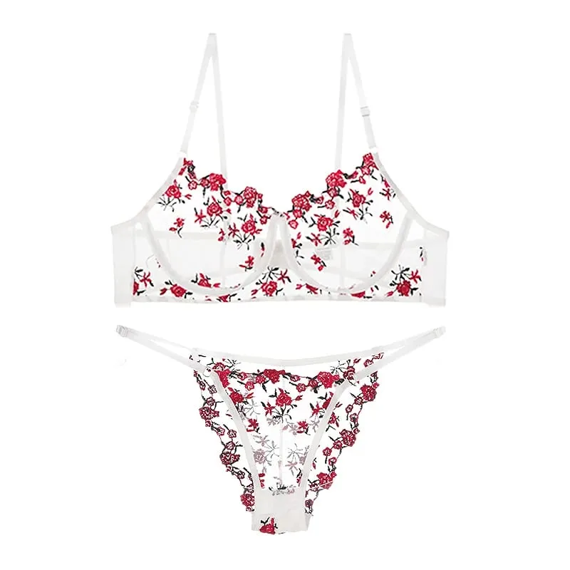 New Women Sexy Mesh Bras Suit Sweet Female French Floral Embroidery Underwear Sets Transparent Mesh Bra Panties 2Piece Lingerie — image 9