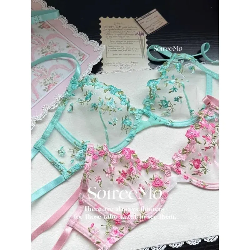 Kawaii Japanese Lingerie Set Sheer Tulle Pink Floral Embroidery Bra Bralette sek-si Pure Matching Set BANERDANNI Tushy Bras — image 4