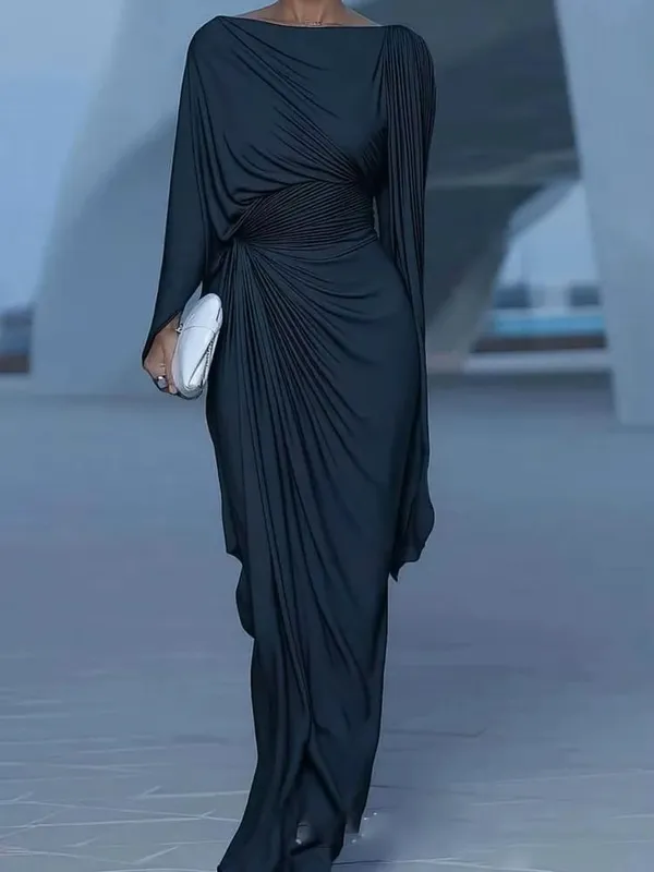 Sexy Slash Collar Pleat Slim Evening Dress Elegant High Waist Solid Color Banquet Dress Lady Leisure Irregular Long Sleeve Dress — image 8