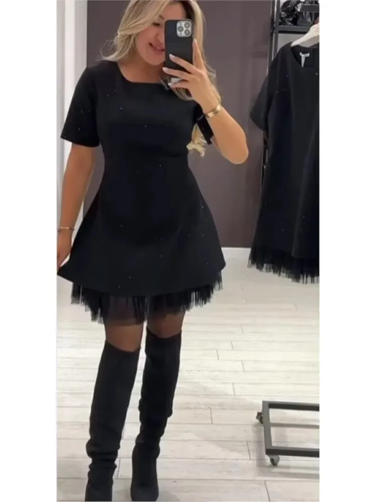 Elegant Casual Dress Spring Summer New Style Hot Rhinestone Hem Mesh Solid Fashion Dress For Women Short Sleeve Holiday Dress — image 4