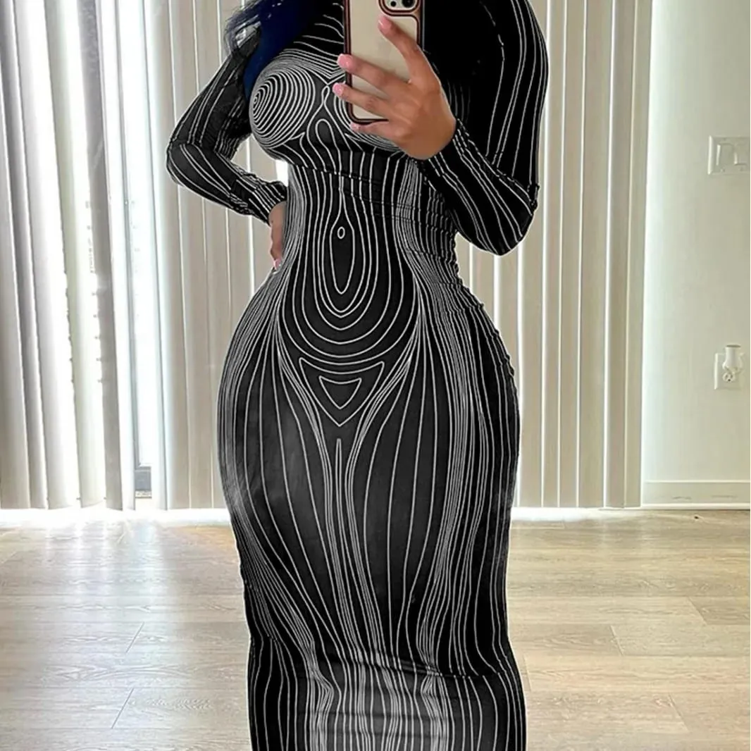Women's long-sleeved round neck fashionable printed slim fit hip-hugging bottoming dress — image 3