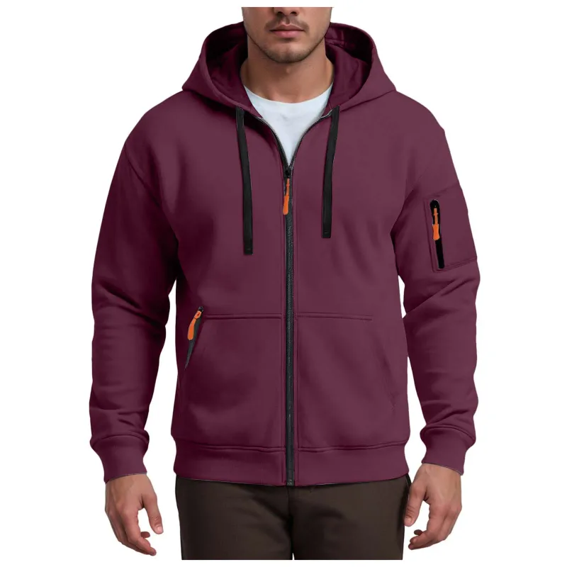 Men's Hoodies Solid Color Loose Zip Up Jacket Arm Zipper Pocket Hoodies Sand Hoodie Men — image 14