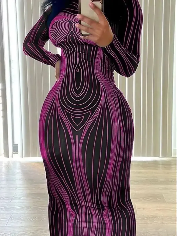 Women's long-sleeved round neck fashionable printed slim fit hip-hugging bottoming dress