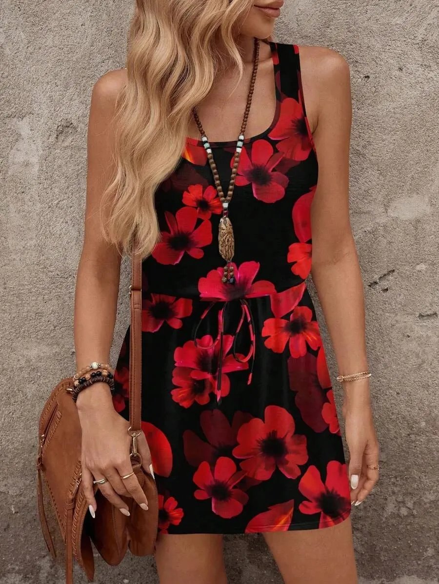 Women's Sleeveless Printed Casual Round-Neck Dress - Faux Drawstring Waist - Suitable for Daily Wear Vacation and Date Outfits — image 4