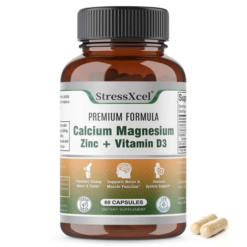 Calcium + Magnesium + Zinc + Vitamin D3 Capsules - Supports Bone and Nervous System Health and Improves Mood