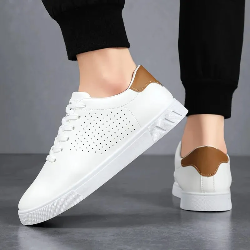 Men's Classic White Sneakers Casual Leather Lace-Up Shoes Breathable Perforated Lightweight Walking Shoes for Male — image 4