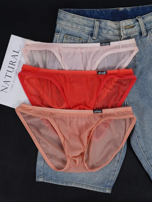 3 PCS Men's Ice Silk Cool U Convex Pouch Mesh Sheer Sexy Briefs Slim Thin Waistband Body Shaping Multicolor Underwear