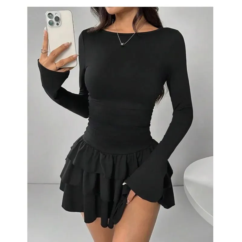 Temperament Dresses 2025 Woman Mini vestidos Simple Style Elegant French Bodycon Slim Pleated Fashion Long Sleeve Commuting Sexy — image 7