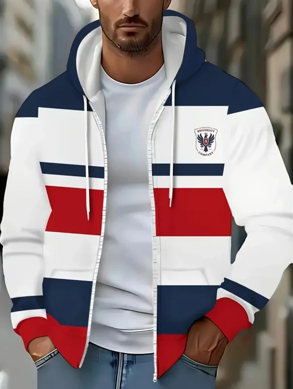 Hoodies for Man Striped Print Full Zip Sweatshirt Outdoor Wear Man Hoodie Fashion Casual Loose Sports Tops Pullover Man Clothing — image 6