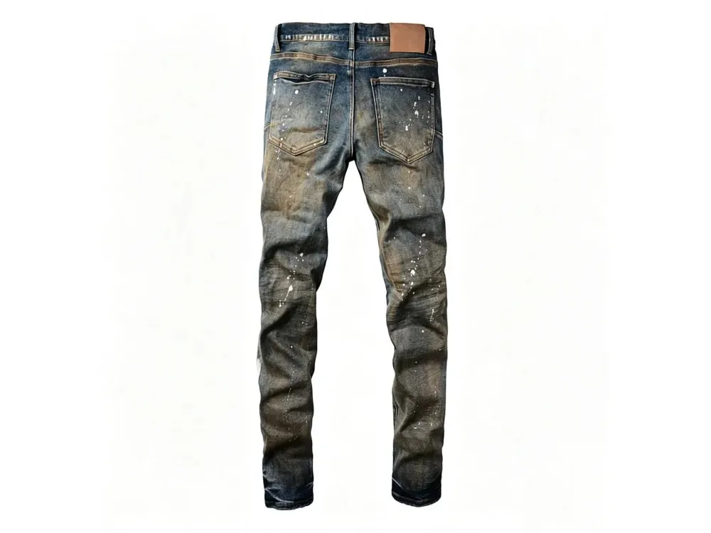 Men's Multiple Ripped Slim Tapered Jeans Vintage Blue Gradient Wash White Paint Splatter Button Fly High Street Style — image 9