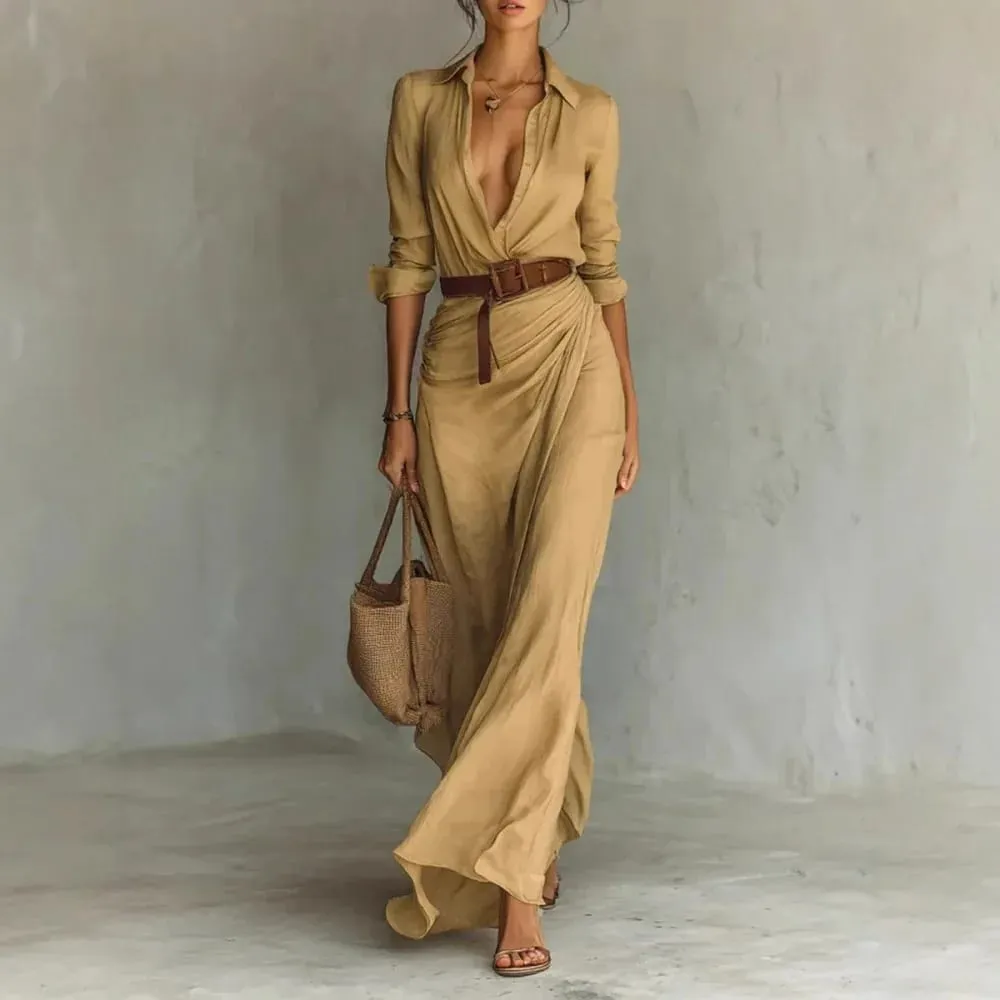 2025 New Autumn Woman Sexy Deep V Neck Hollow Long Dress Elegant Solid Belted Irregular Party Long Sleeve Slim Casual Dresses