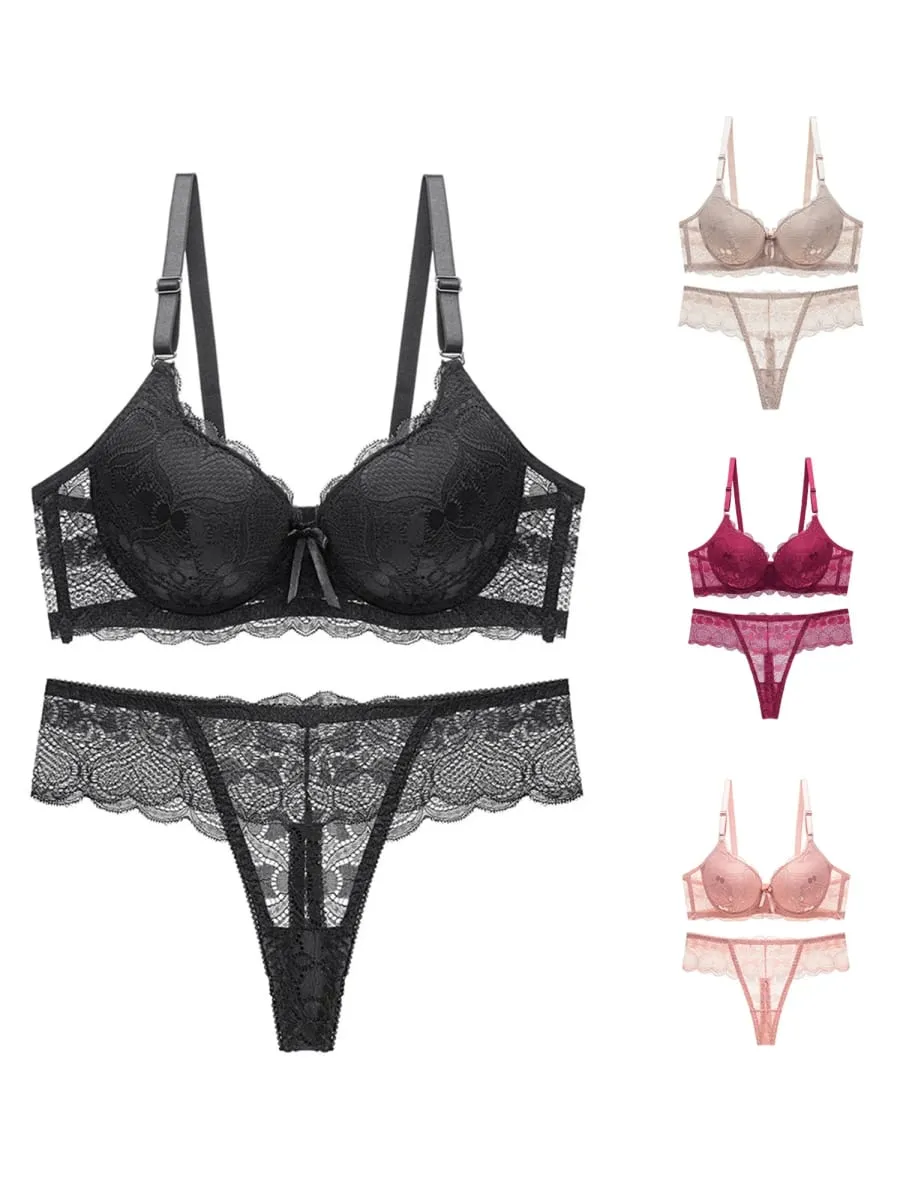 Women s Floral Lace Lingerie Set Sheer Mesh Seductive Babydoll Push up Bra and Panty 2 Pcs Set with Garter Belt — image 2
