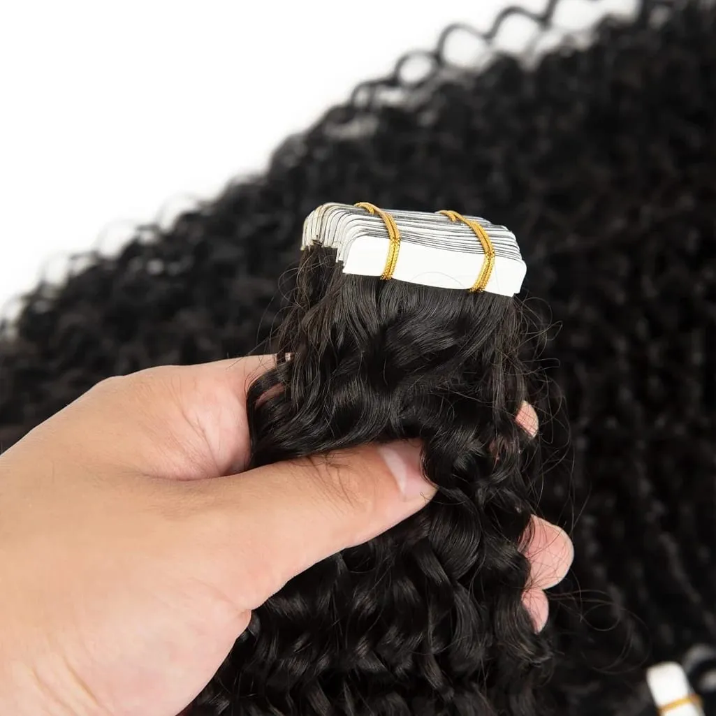 Deep Wave Curly Tape in Hair Extensions 100% Brazilian Human Hair Adhesive Tape on Extensions Human Hair Natural Black 16-26inch — image 2