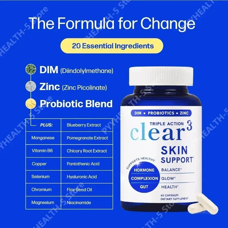 Supplément de soutien cutané Clear³ avec probiotiques DIM et zinc – Soutien nutritionnel pour une peau et un intestin sains 60 gélules — image 3