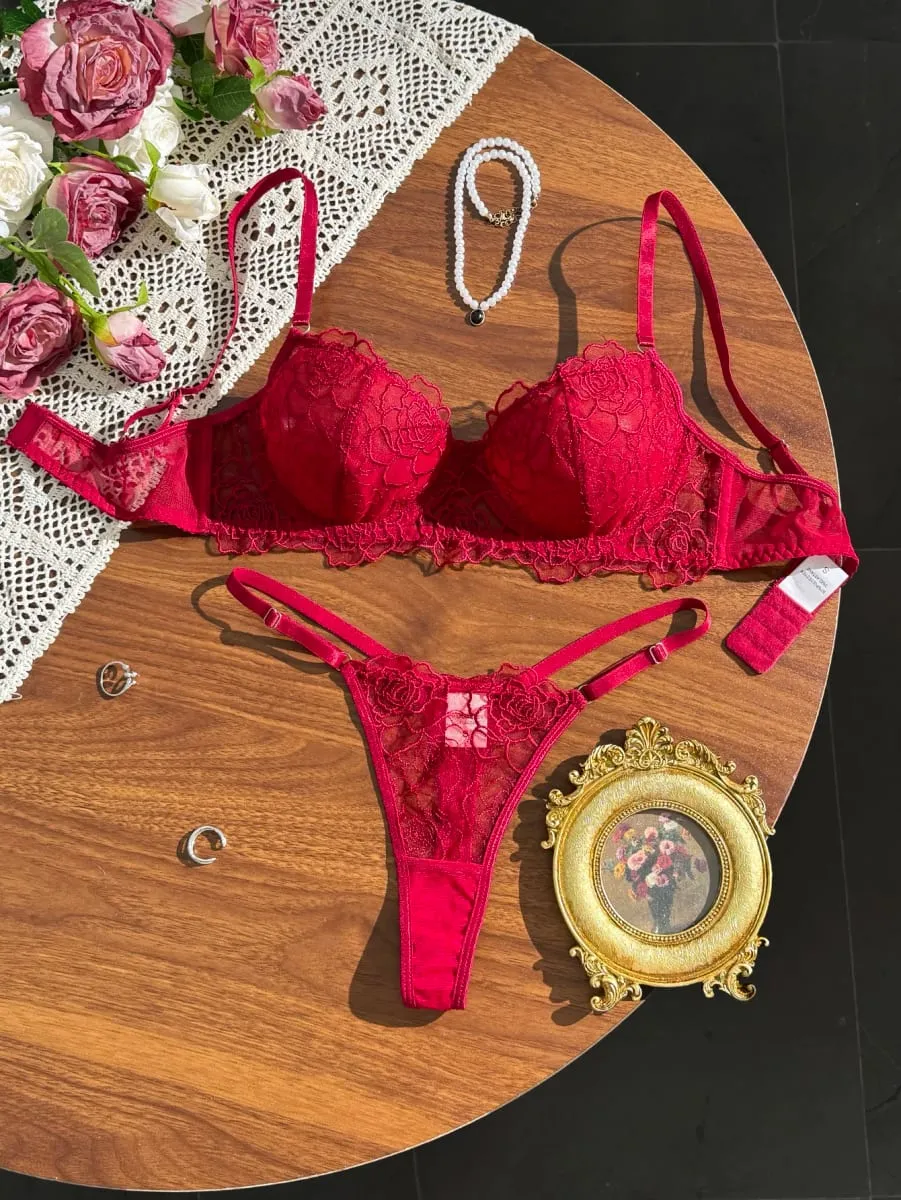 Luxurious Red Lace Underwear Set for Women French Romantic Embroidery Bra And Panties Two-Piece Set for Ultimate Comfort — image 1