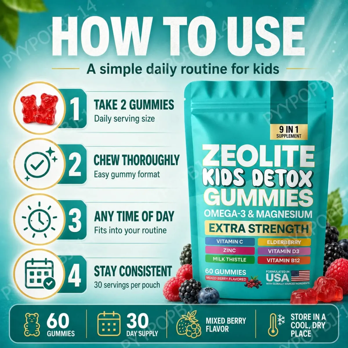 Kids Wellness Gummies with Omega-3 Magnesium Vitamin C Daily Nutritional Support Mixed Berry Flavor 60 Gummies