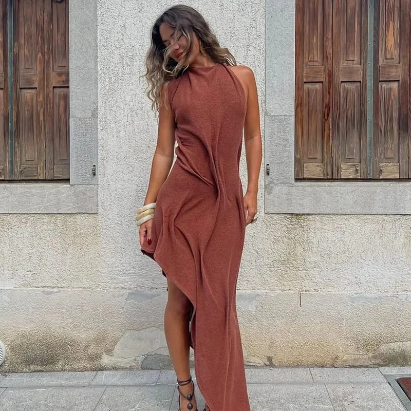 Romantic Soft Halter Maxi Dress Ruched Asymmetrical Women Dresses Anniversary Dinners Vacation Elegant Female Party Wear — image 8