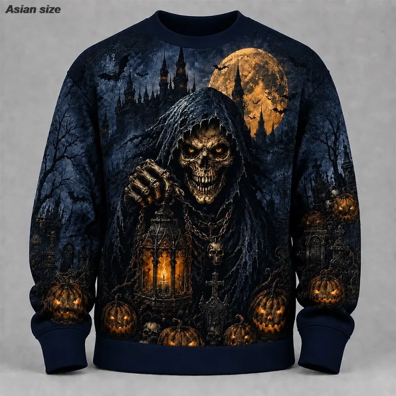 Fleece Sweatshirts Halloween Men's Skulls Sweatshirt Punk Party Gothic Crew Neck Vacation Blue Dark orange Brown Green — image 12
