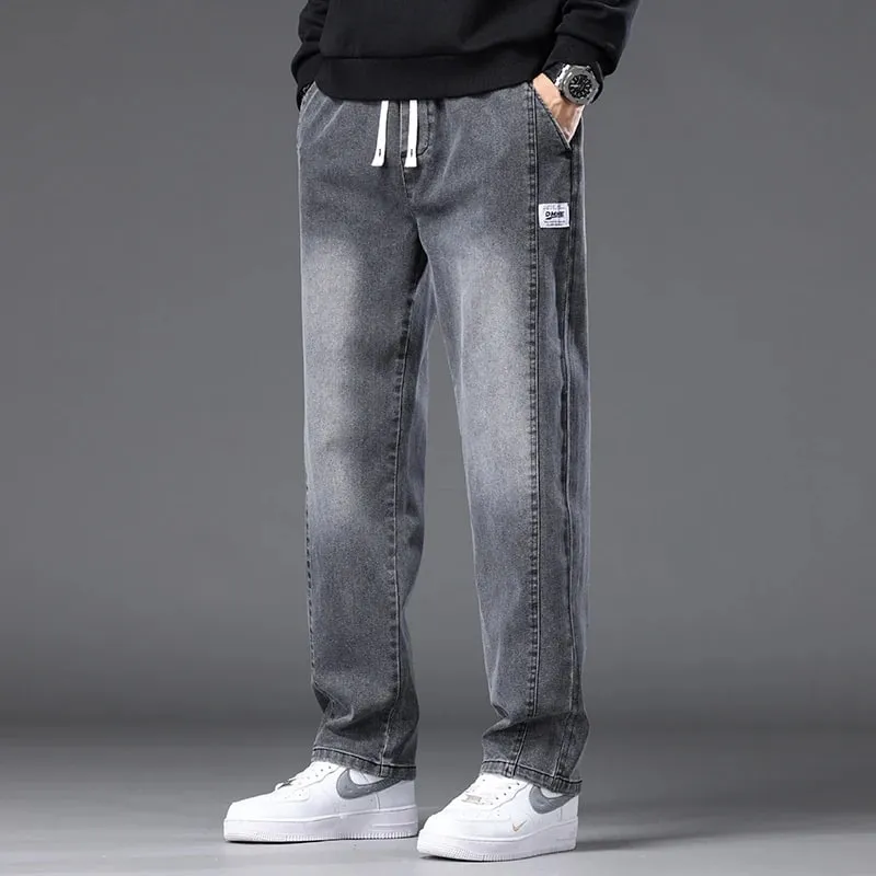 Autumn Winter Blue Jeans Men Drawstring Elastic Waist Cotton Cargo Denim Pants Work Fashion Thick Trousers Male Plus Size M-4XL — image 4