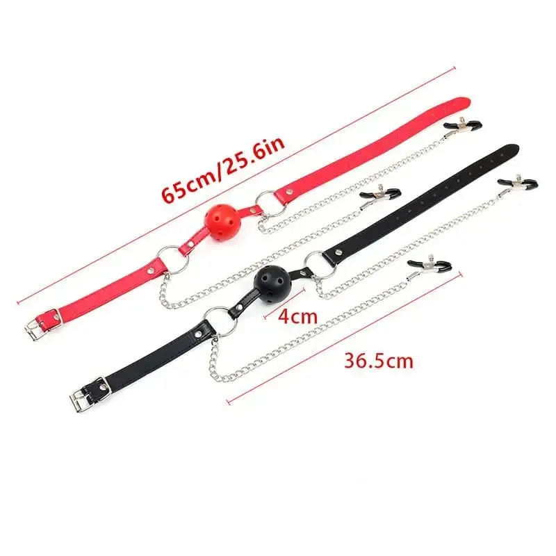 New Erotic Toy PU Leather Mouth Gag Ball Oral Sex With Chain Clip Breast Nipple Clamps Bondage Harness Sex Toys Adult Games — image 6