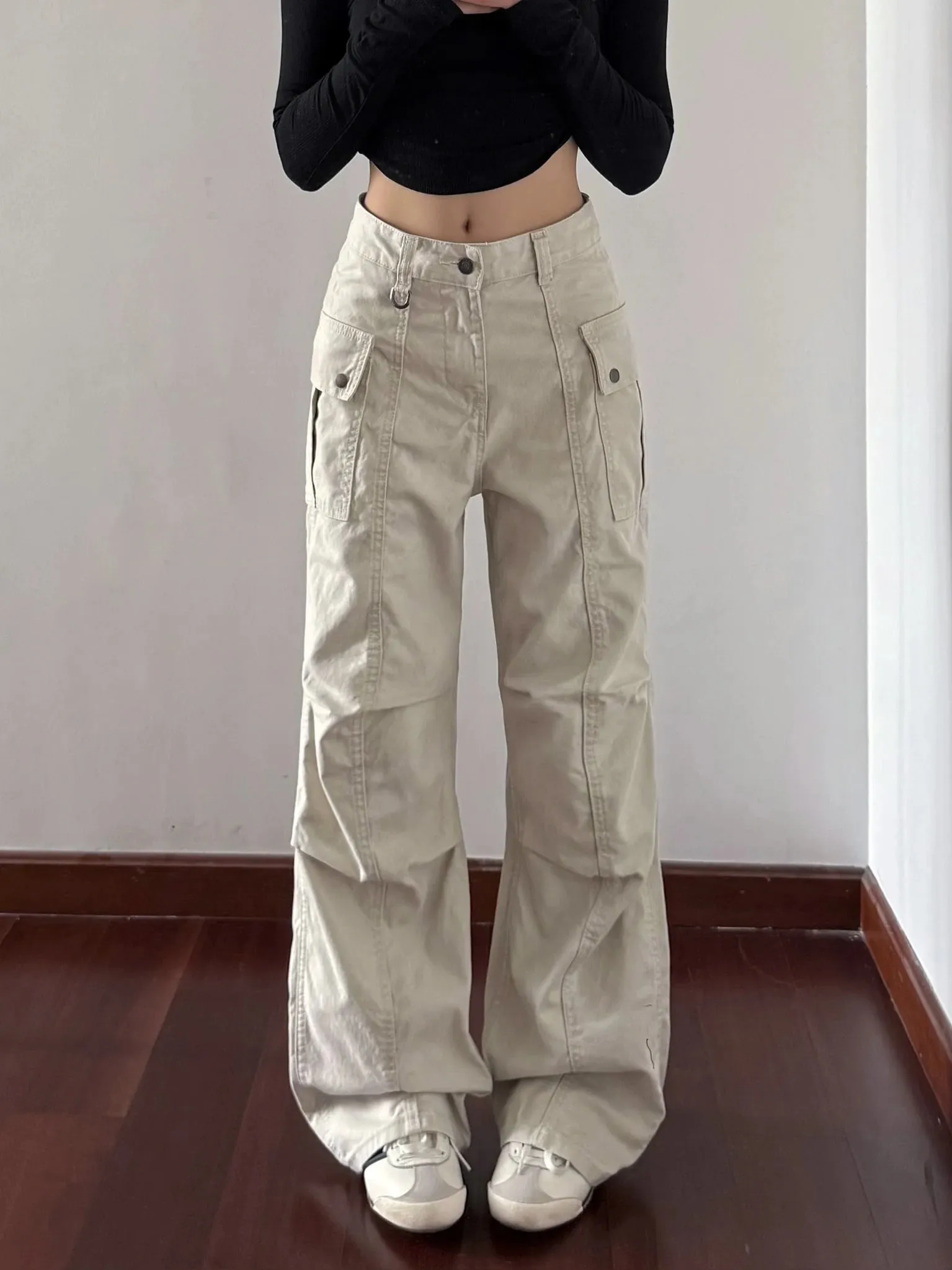Retro American High Street Work Pants Light Beige Straight Leg Faded Casual Jeans Men Women High Waist Denim Fabric Wear Resi... — image 2