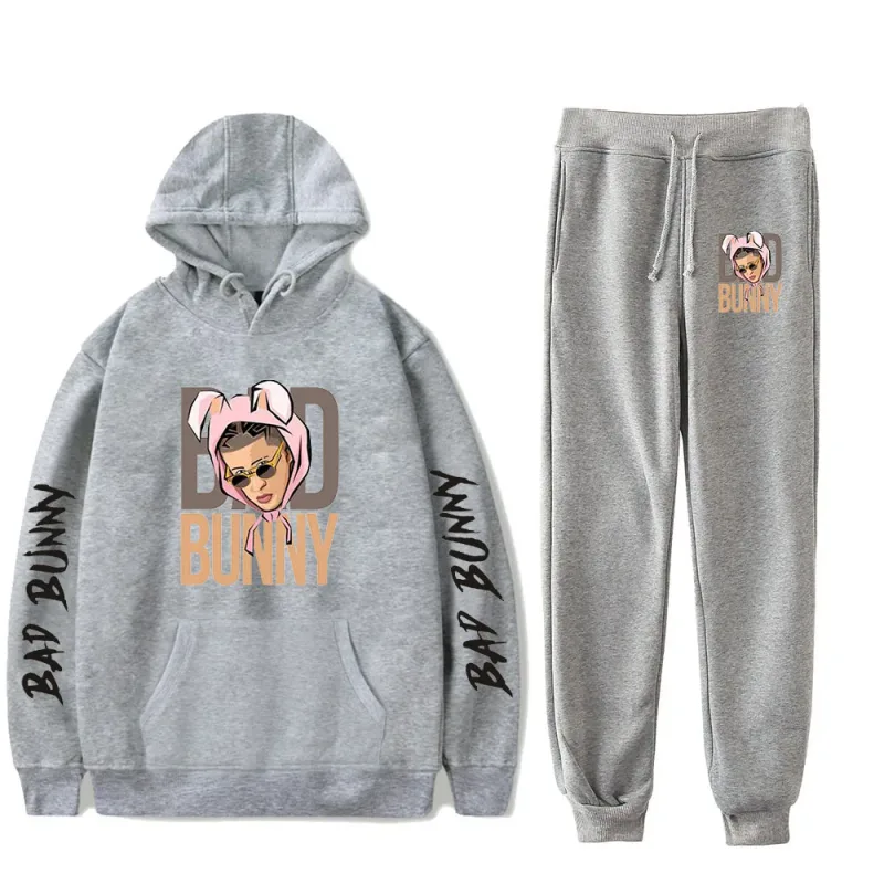Harajuku Comfortable Funny bad bunny Print Sweatshirt Sweatpants Suit Men/Women Hoodies+ Trousers Suit Cute 2 Piece Set Clothes — image 24
