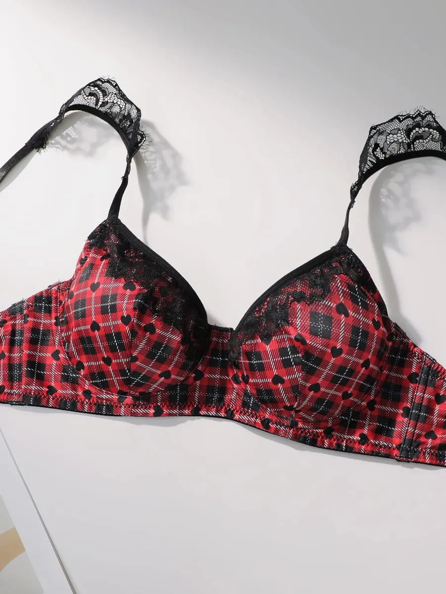 Women Plaid Heart Print Lingerie Set Lace Spaghetti Strap Bra And Panty Set Soft Comfortable Ladies Intimate Sleep Underwear Set — image 3