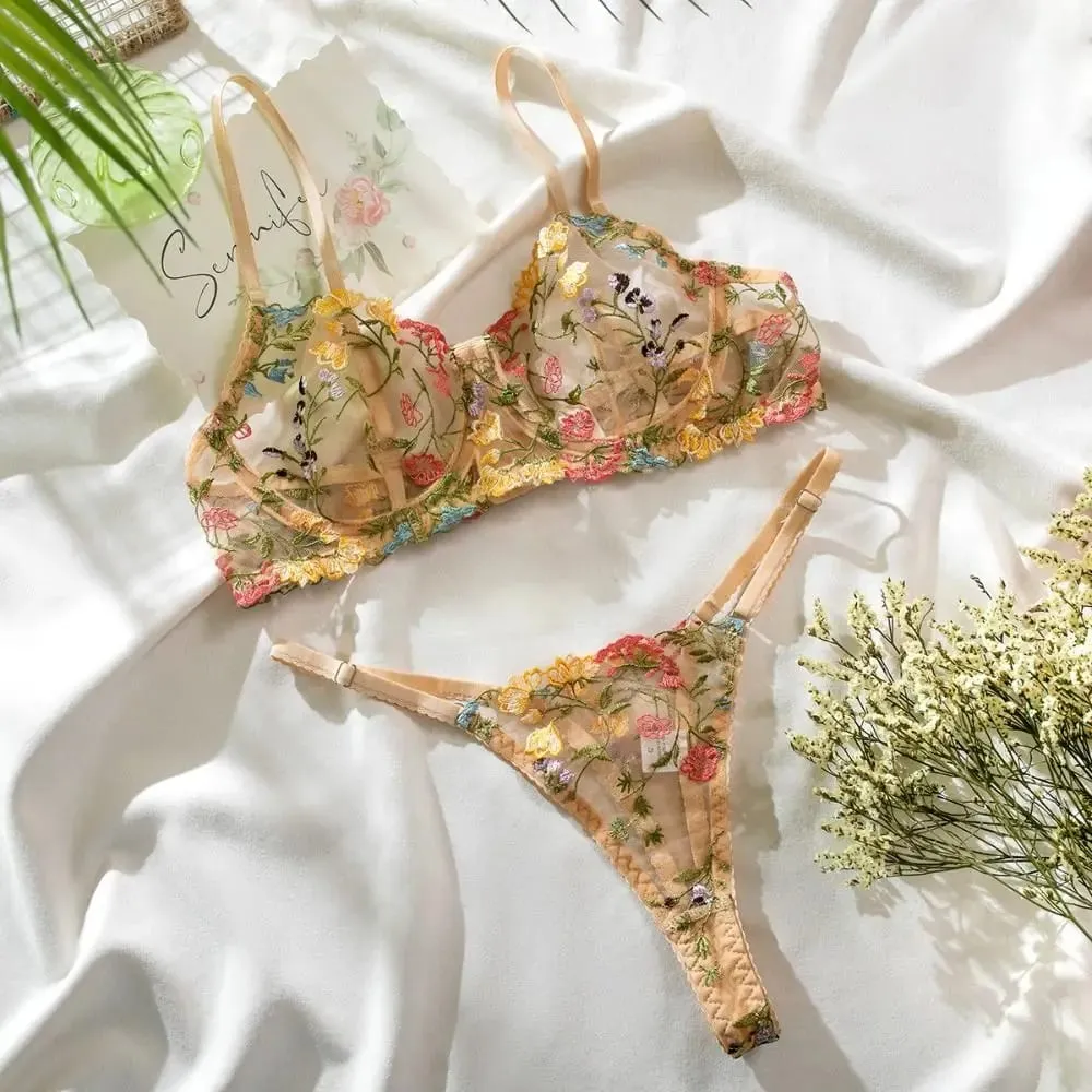 2-Piece Versatile Floral Lingerie Set Embroidery Sheer Women Underwear Boho Bra Panty Set