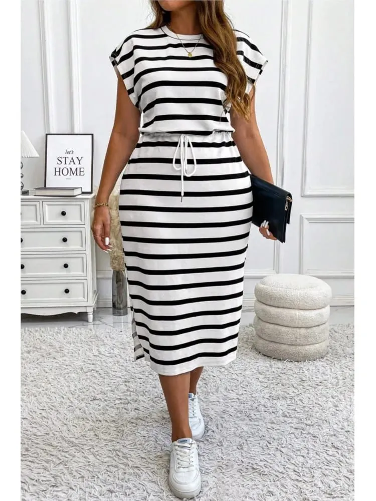 2025 Casual Striped Printed Short-sleeved Women's Dress Summer Fashion Cinched Waist Lace Up T Shirt Female Sports Dresses — image 1