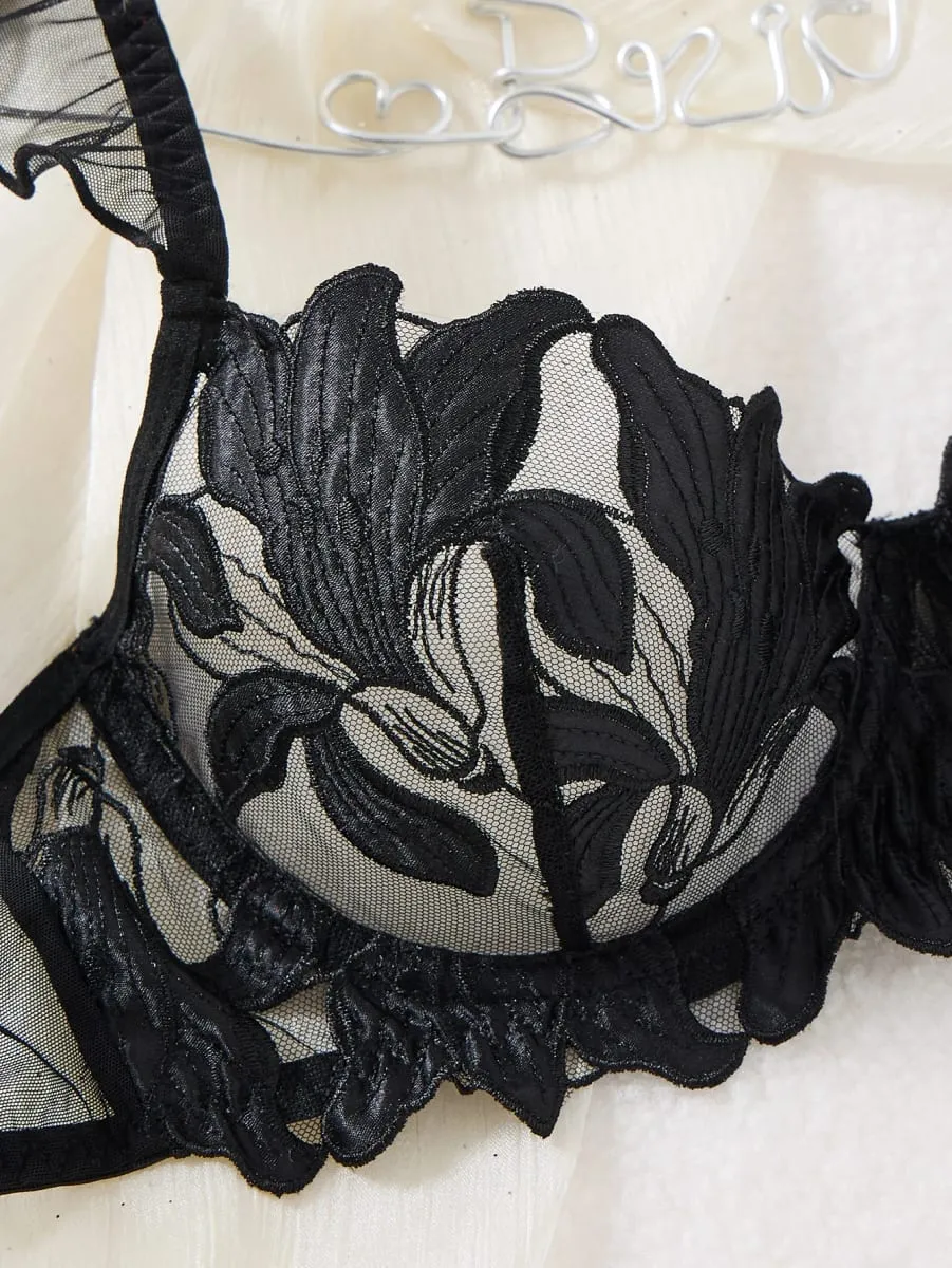 Women Black 3D Floral Embroidery Lingerie Set Ruffle Strap Sheer Mesh Underwire Bra & Thong 2‑Piece Intimate Underwear S‑XL — image 4