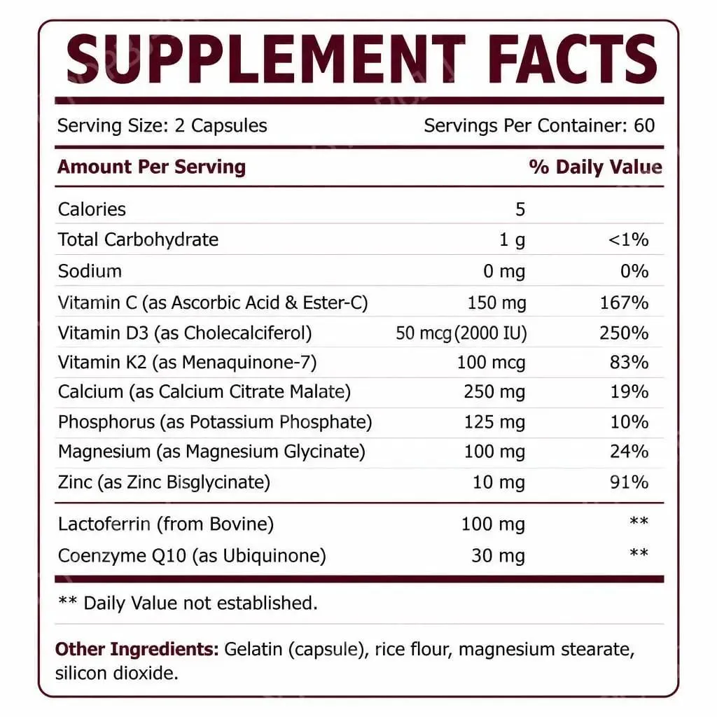Las cápsulas para dientes fuertes apoyan el esmalte dental y la salud del tejido de las encías con vitamina C, vitamina D3, K2, calcio y zinc, 120 cápsulas — image 2