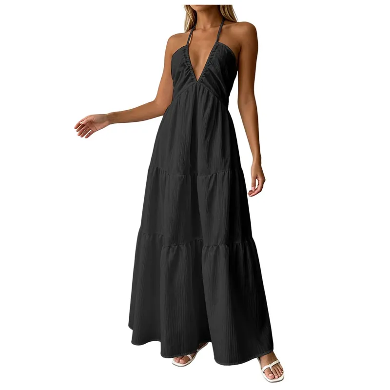 Summer Halter Neck Women's Dress Elegant Chic Wedding Party Beach Dress Backless Flowy Vacation Boho Sling Long Dresses Women — image 8