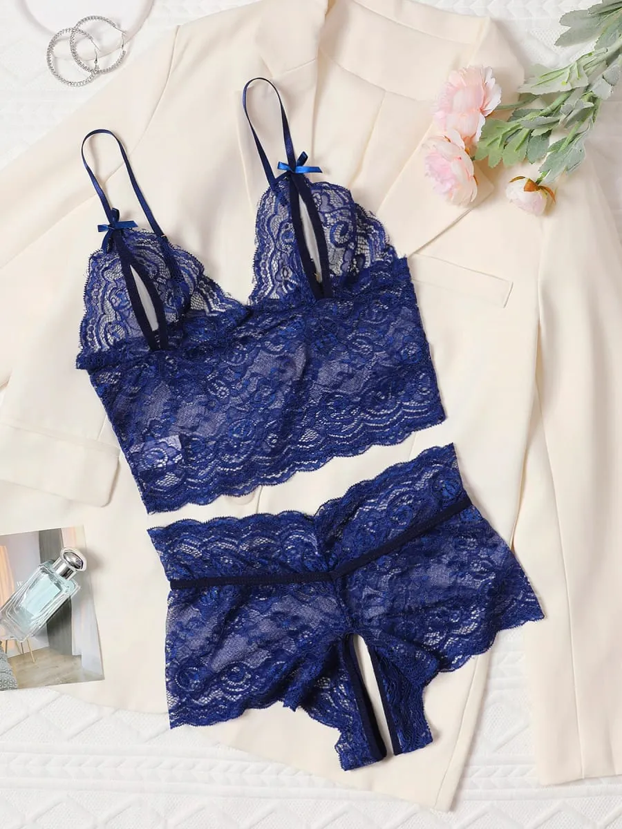 Open Bra 2 Pcs Women Lace See-Through Pajama Black Cute Clothes Comfortable Breathable Suspender Shorts Bra And Brief Set Hollow — image 5