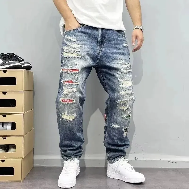 Spring and Autumn New Fashion Trend Ripped Straight Leg Elastic Jeans For Men's Casual Loose Retro Sports High-end Jeans 28-36