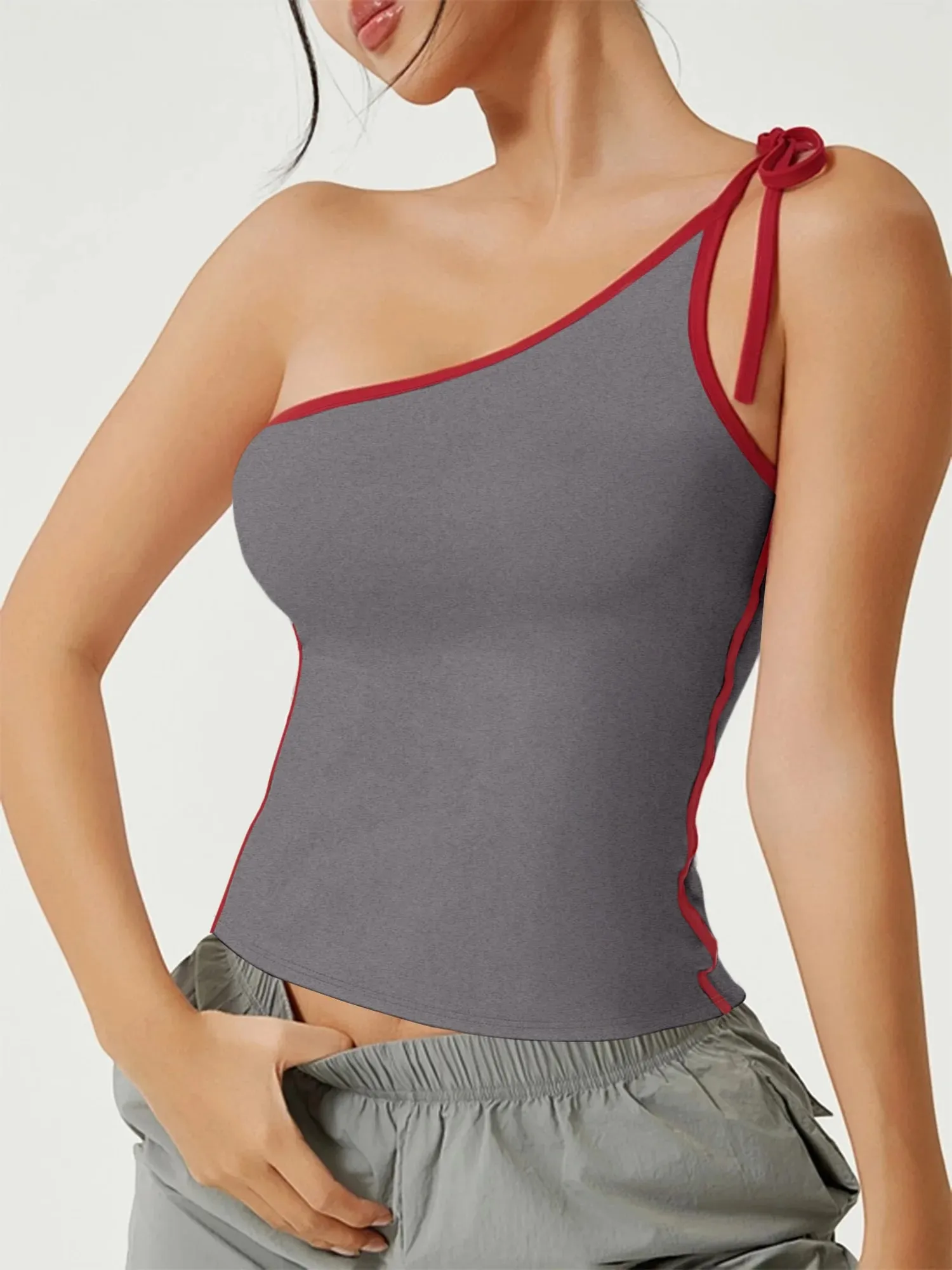 Asymmetric One Shoulder Tie Strap Tank Top Women Red Contrast Trim Slim Fit Crop Cami Summer Y2K Sleeveless Vest — image 7