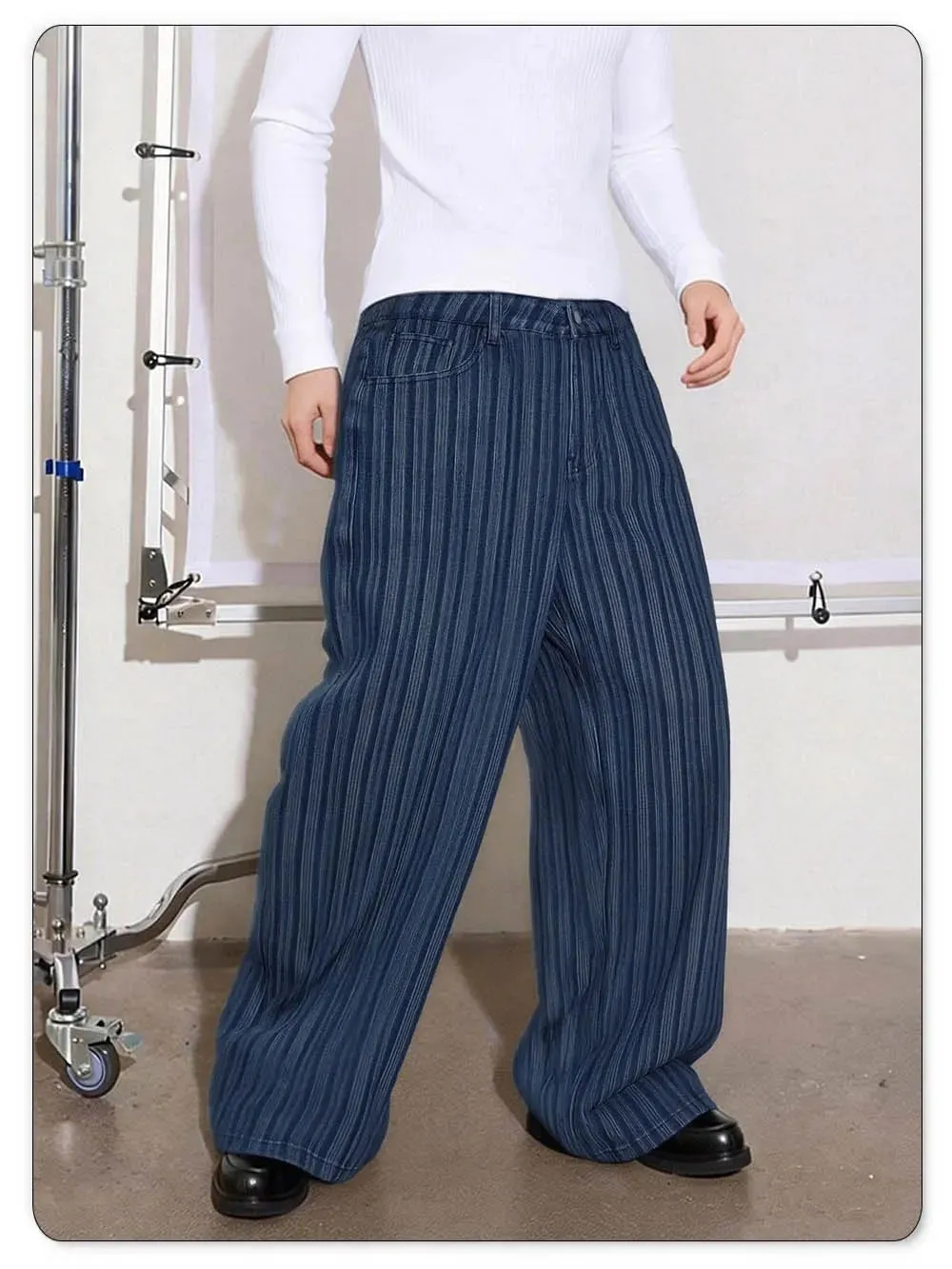 Japanese Korean Style Wavy Stripe Jacquard Fabric Baggy Wide-leg Jeans American Retro Style Business Casual Denim Pants — image 3