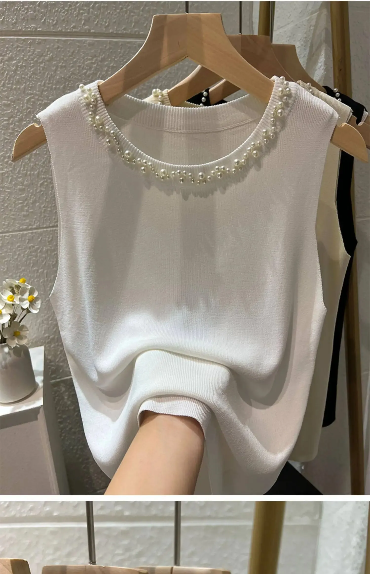 White Women Camisole 2026 New Summer Slim Thin Ice Silk Knit Vest Trendy Beaded Decor O-Neck Sleeveless Tank Top — image 10
