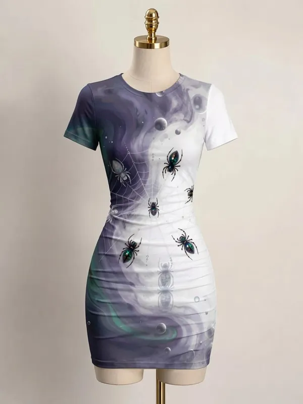 Dam kortärmad Bodycon Miniklänning Slim Fit Rund hals Blommönster Avslappnad Sommarfest Söt Trendig Smickrande Solklänning