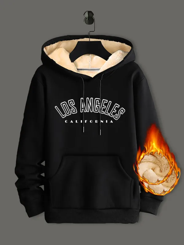 Sweat à capuche en laine d'agneau pour homme et femme, épais, chaud, coupe-vent, imprimé, pull ample, noir, hiver