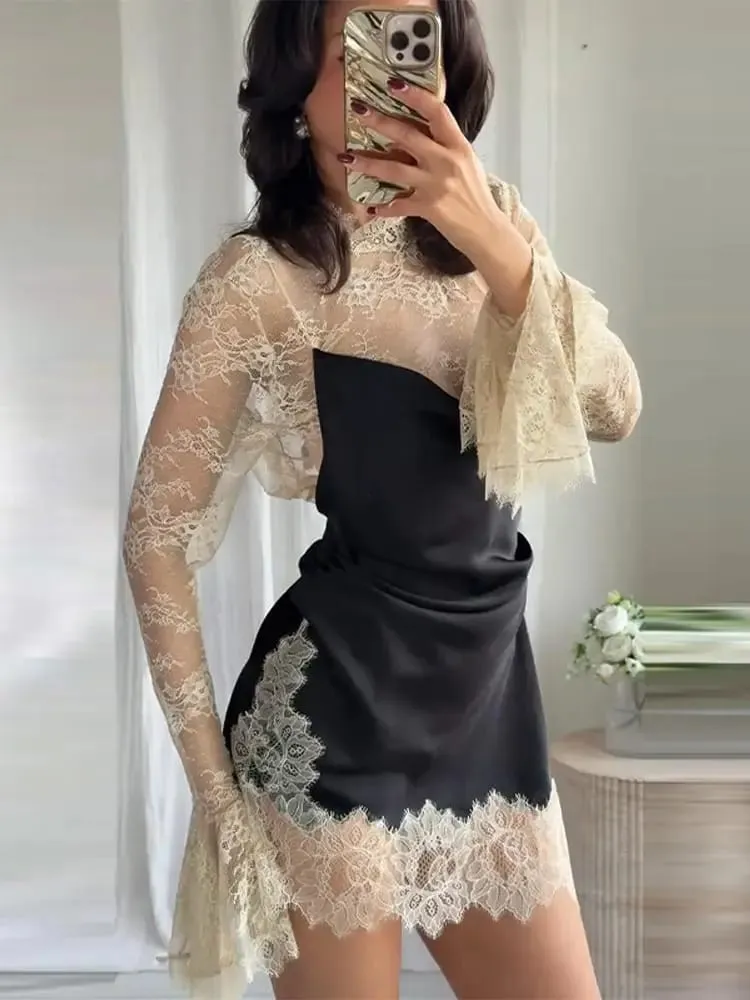 Elegant Satin Blomster Blonde Patchwork Mini Kjole Til Kvinder Uregelmæssig Hem Langærmede Kjoler Dame 2026 Chic Aftenfest Vestidos