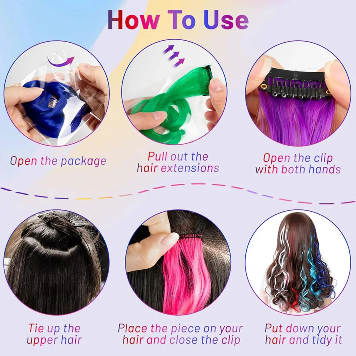 Colorful Clip in Synthetic Hair Extensions Party Highlights Rainbow Long Straight Hairpieces Colored Hair Extensions for Cosplay — image 5